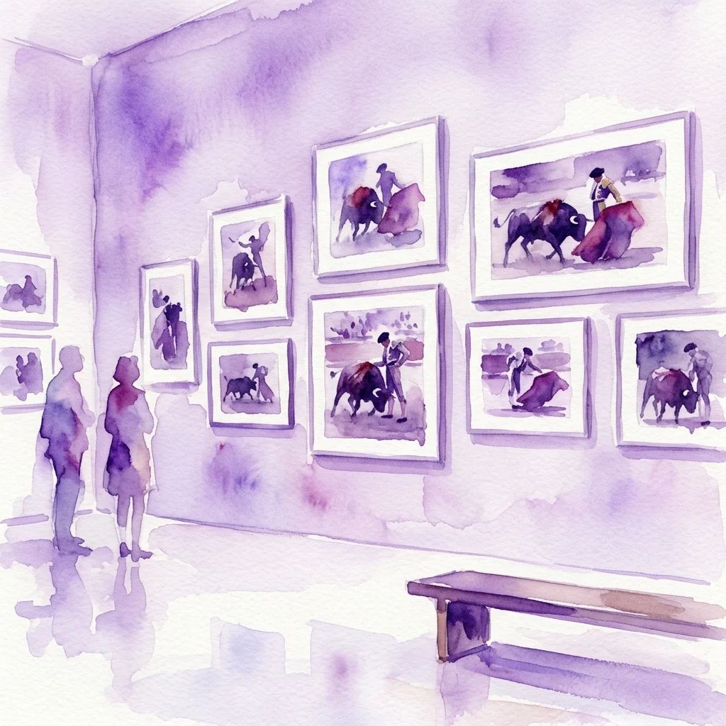 Waterverfillustratie van een kunstgalerie met bezoekers die ingelijste historische stierengevechtfoto's bekijken aan paarse muren, die de sfeer van de tentoonstelling 'Del Romanticismo a las Vanguardias' weergeven.