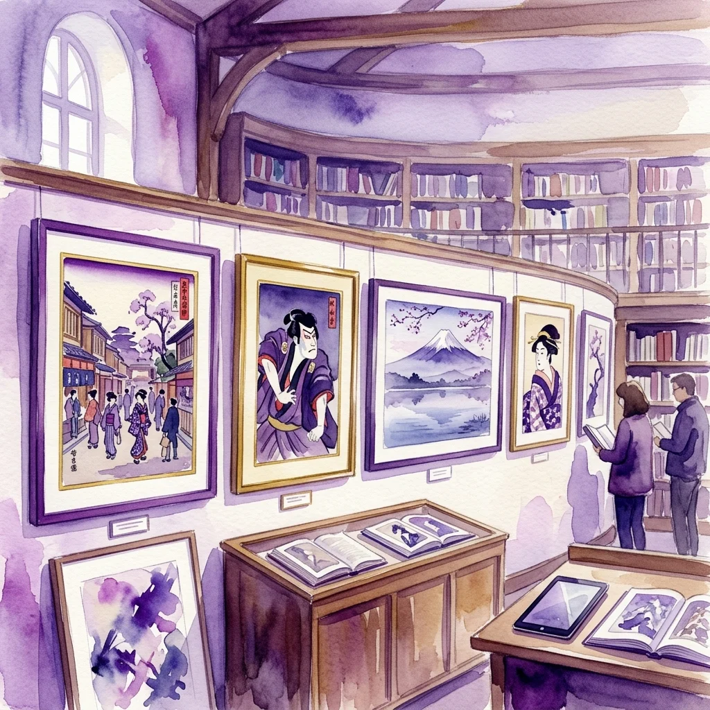 Watercolor illustration of a museum library exhibition featuring framed Japanese ukiyo-e and shin-hanga woodblock prints, including scenes of urban life, kabuki actors, Mount Fuji, and geishas, with visitors viewing the display.
