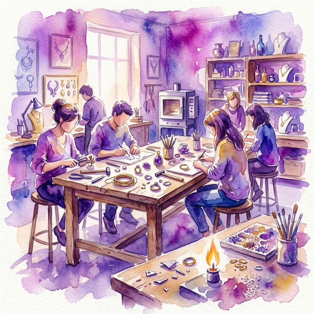 Art students in a workshop creating jewelry and metalwork, using traditional techniques and tools, with a focus on design and craftsmanship.