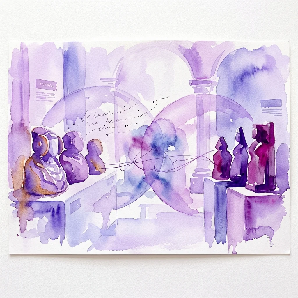 Ilustracja akwarelowa przedstawiająca iberyjskie artefakty rzeźbiarskie z Luwru i Narodowego Muzeum Archeologicznego w galerii muzealnej, symbolizująca dialog między dwiema kolekcjami.