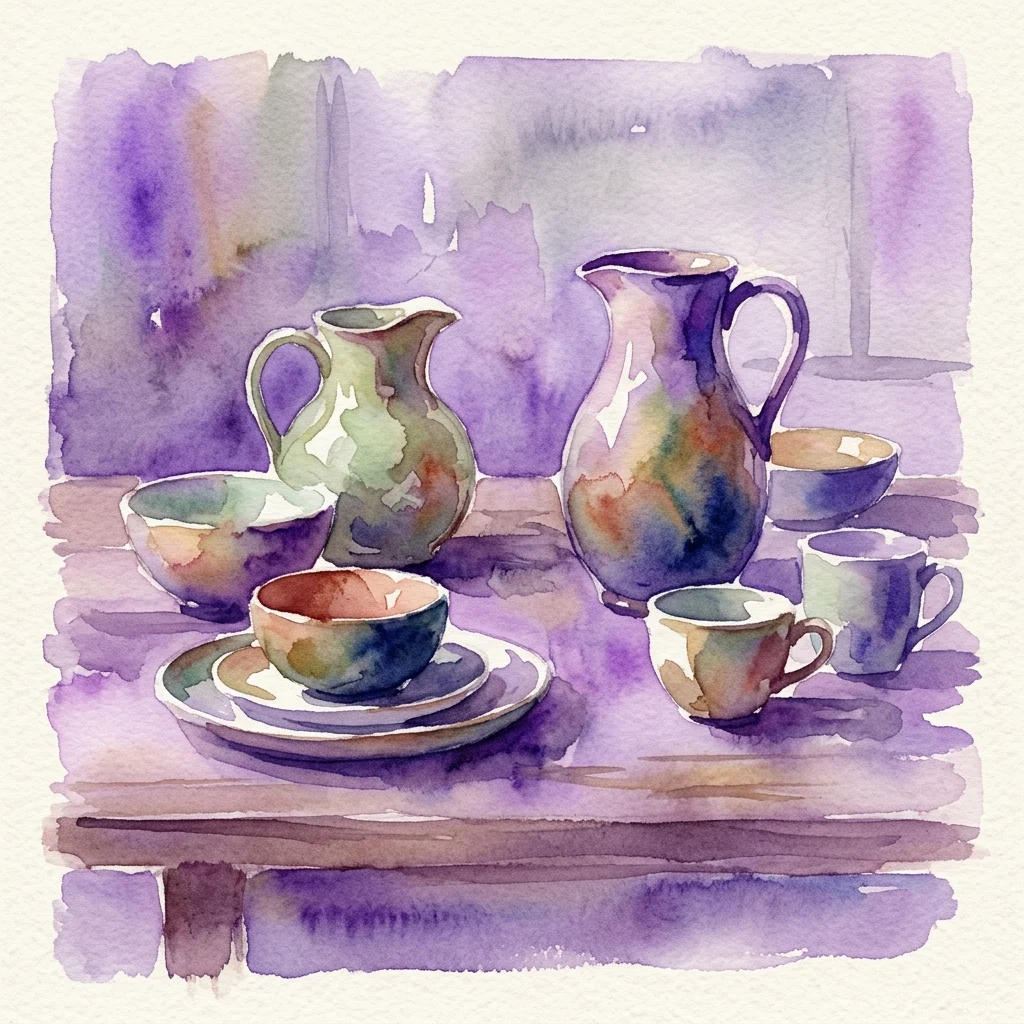 Watercolor illustration of Eva Zeisel's "Town & Country" tableware service, featuring ceramic pitchers, bowls, cups, and saucers with curvilinear forms and earthy glazes on a wooden table.