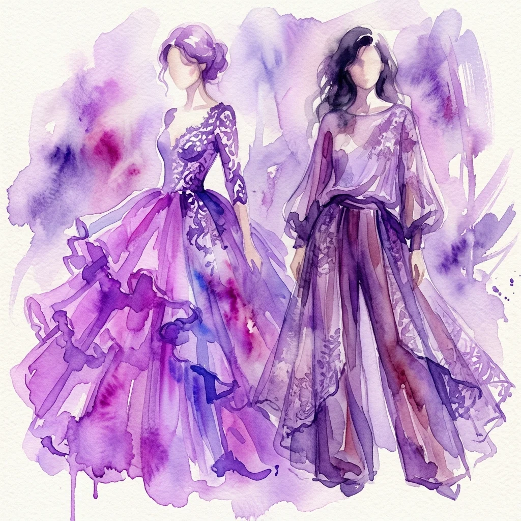 Watercolor illustration of two women in romantic-era inspired fashion, featuring lace, ruffles, and voluminous silhouettes in purple hues, reflecting the influence of 19th-century style on modern design.