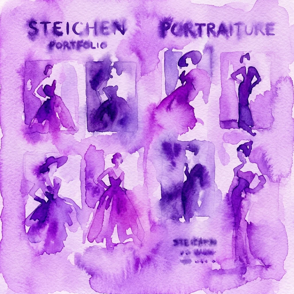 Paars aquarelkunstwerk met silhouetten van vrouwen in vintage mode, met de tekst 'STEICHEN PORTFOLIO' en 'PORTRAITURE', dat de modefotografie van Edward Steichen uit het Condé Nast-tijdperk vertegenwoordigt.