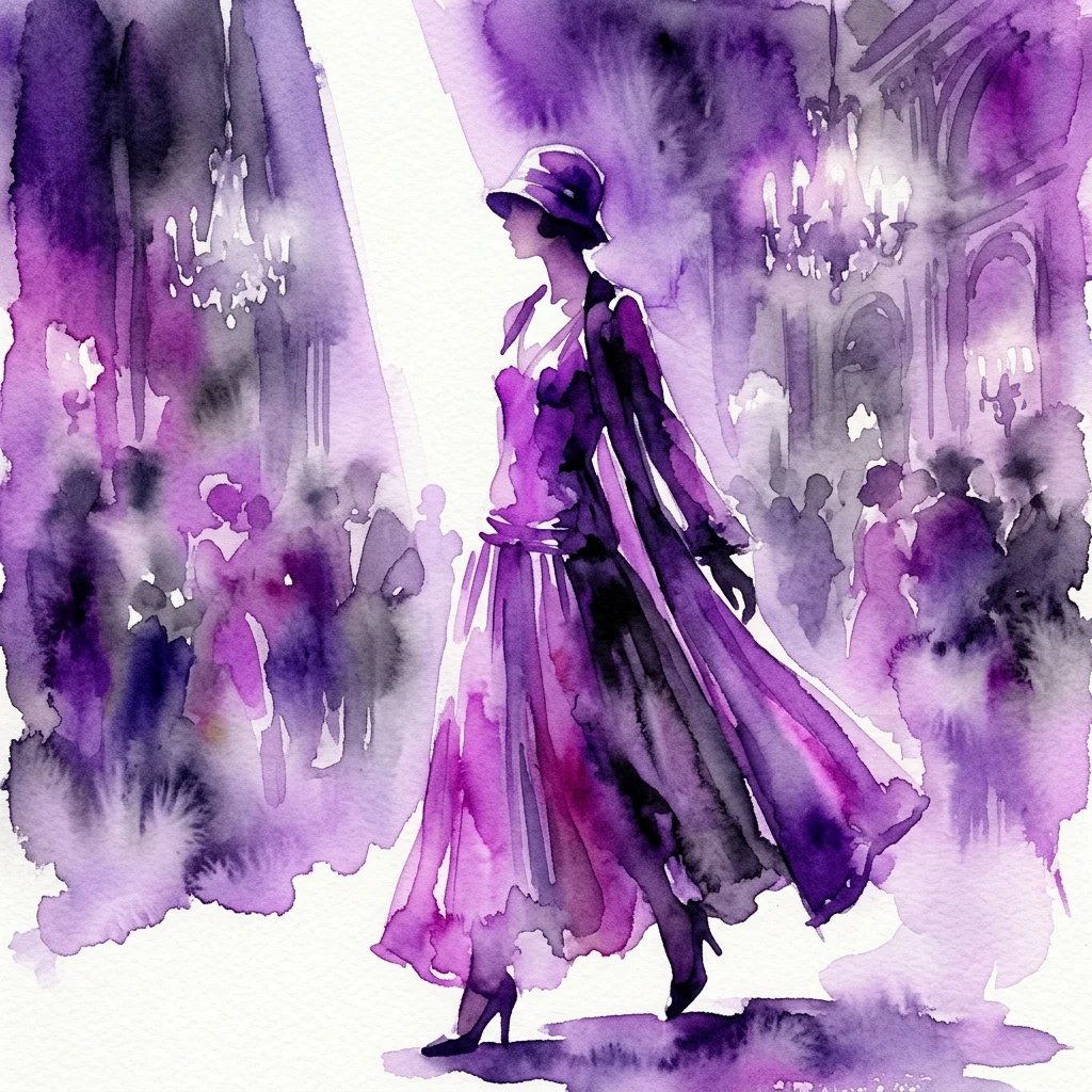 Una ilustración en acuarela de una mujer con un vestido y sombrero morados, caminando por un glamuroso salón de estilo de los años 20 con candelabros y figuras en silueta al fondo.