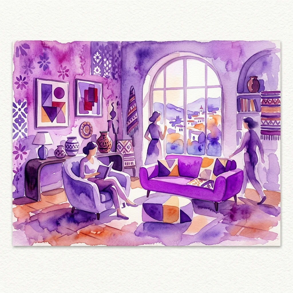 Ilustracja akwarelowa hiszpańskiego modernistycznego salonu z lat 30. XX wieku z fioletowymi meblami, sztuką geometryczną i ludźmi w transformującym kulturowo wnętrzu.