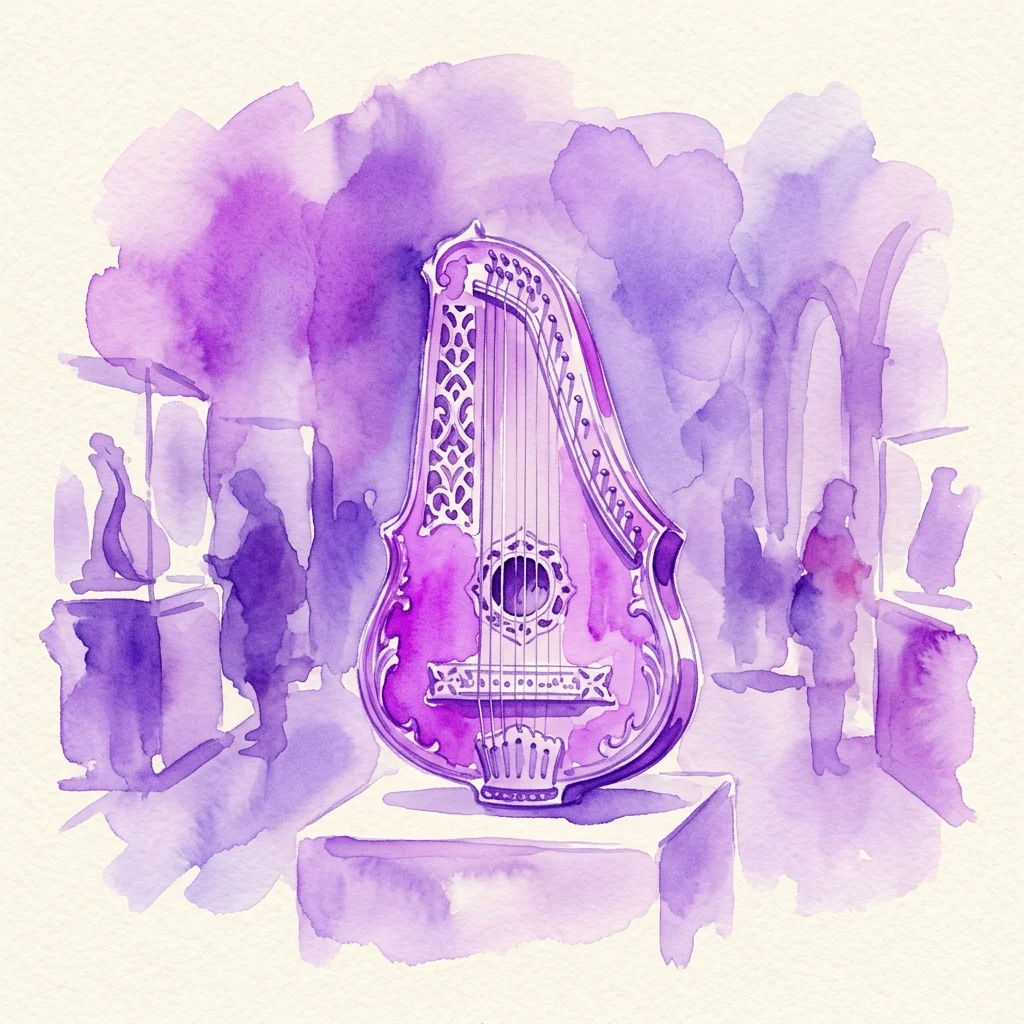 Ilustracja akwarelowa XVIII-wiecznego instrumentu, jakim jest psalterium, zaprezentowana w muzealnej scenerii z fioletowymi odcieniami, podkreślająca jego skomplikowany projekt oraz znaczenie kulturowe w hiszpańskiej muzyce i tańcu.