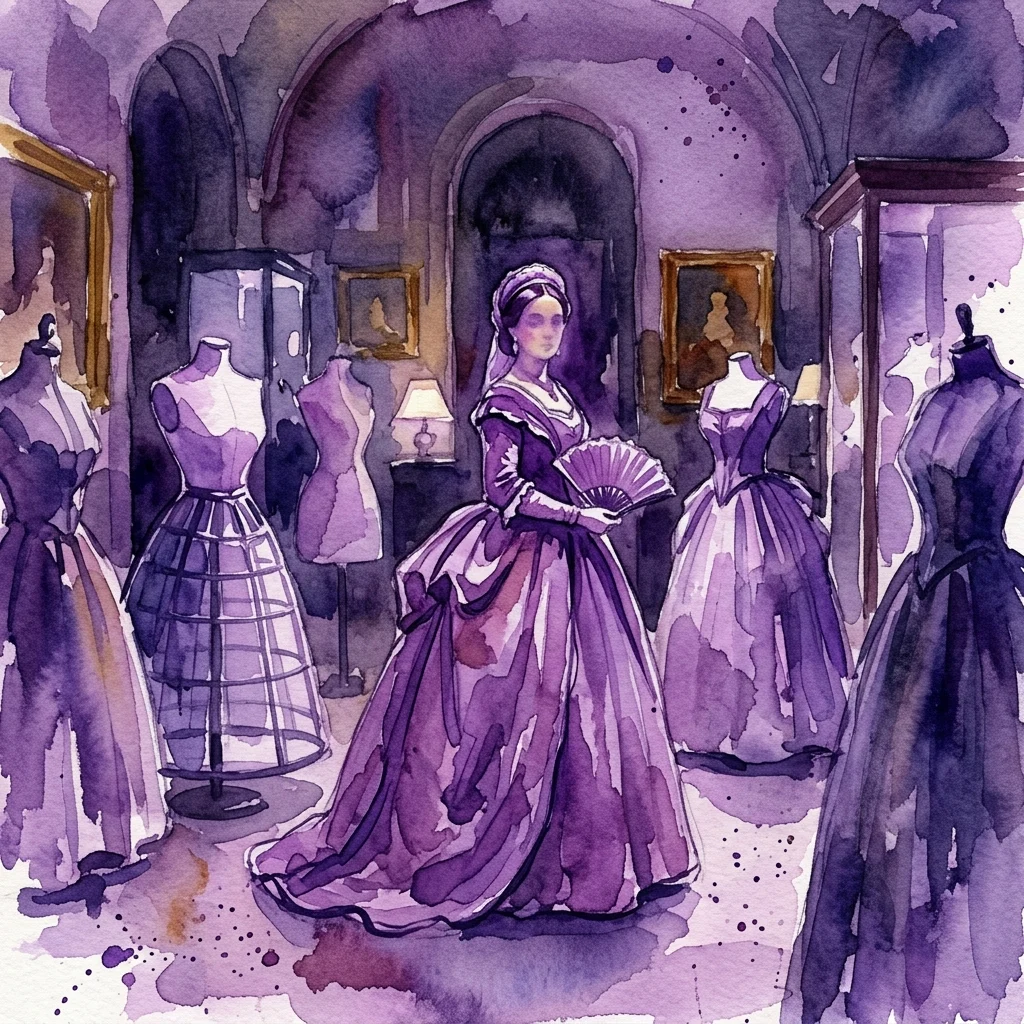 Ilustracja akwarelowa królowej Marii Krystyny w purpurowej sukni z XIX wieku, otoczonej manekinami prezentującymi historyczne hiszpańskie stroje, w tym gorsety i polisones, w sali muzealnej.