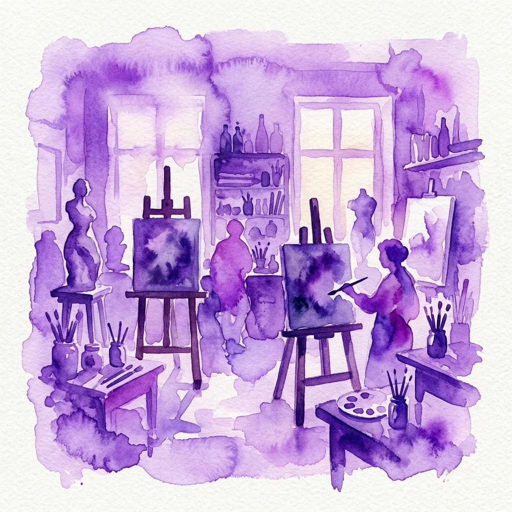 Fioletowa ilustracja akwarelowa pracowni artystycznej z sztalugami, płótnami, rzeźbami i materiałami plastycznymi, przywołująca kreatywną przestrzeń roboczą.