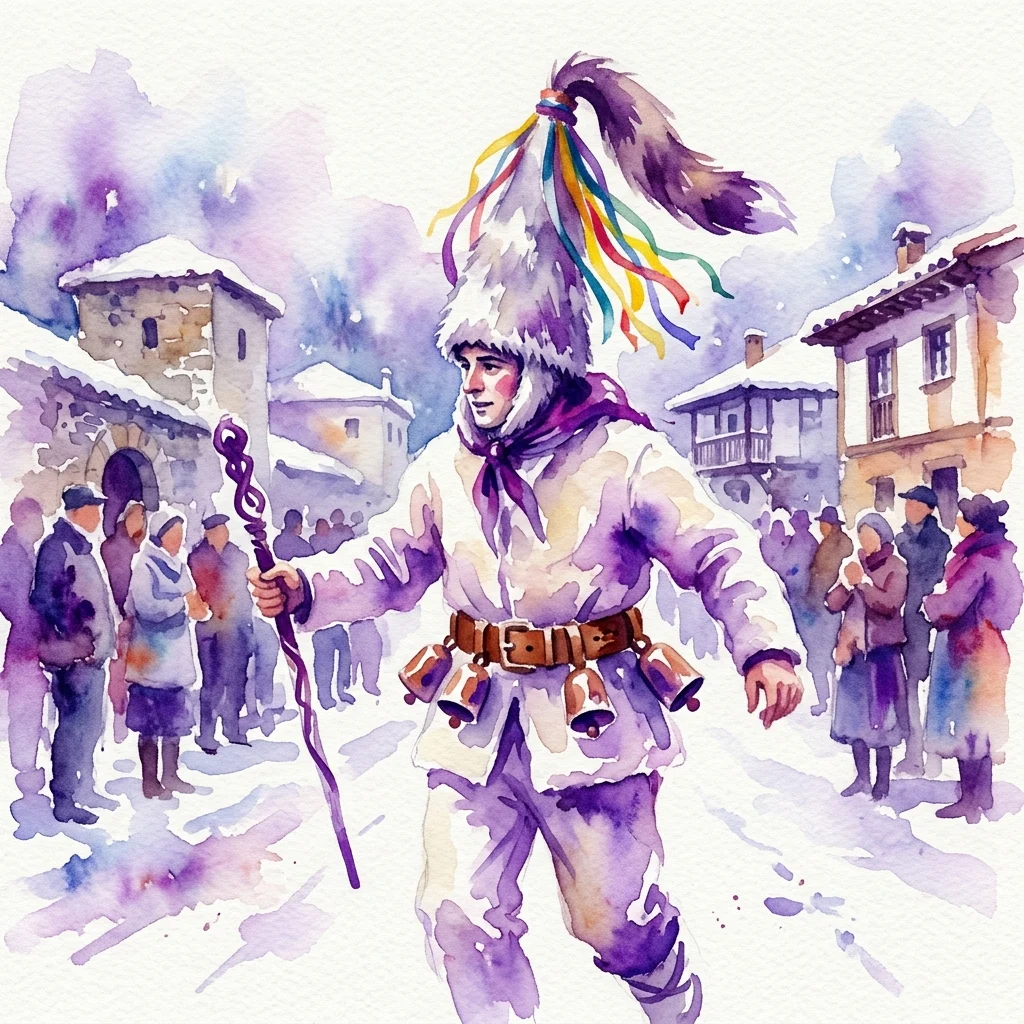 Ilustracja akwarelowa przedstawiająca osobę w tradycyjnym asturyjskim stroju 'sidro' z Siero, zawierającym biały strój z owczej skóry, wysokie futrzane nakrycie głowy z kolorowymi wstążkami i pas z czterema dzwoneczkami, występującą na zaśnieżonej ulicy wioski podczas zimowego festiwalu.