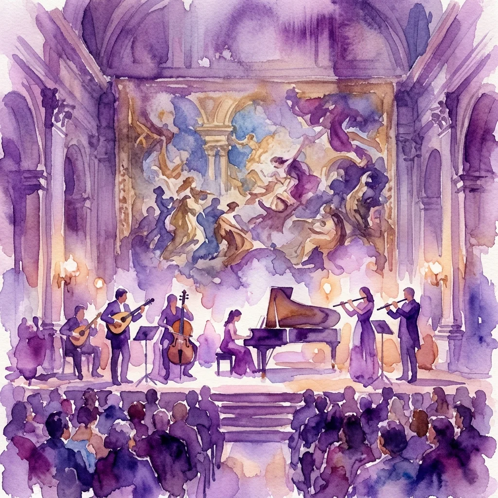 Una ilustración en acuarela de un concierto de música clásica en un gran salón, con músicos actuando en el escenario frente a una gran imagen proyectada de la pintura 'El Tránsito de la Virgen' de Juan Correa de Vivar, fusionando arte visual y sonido.