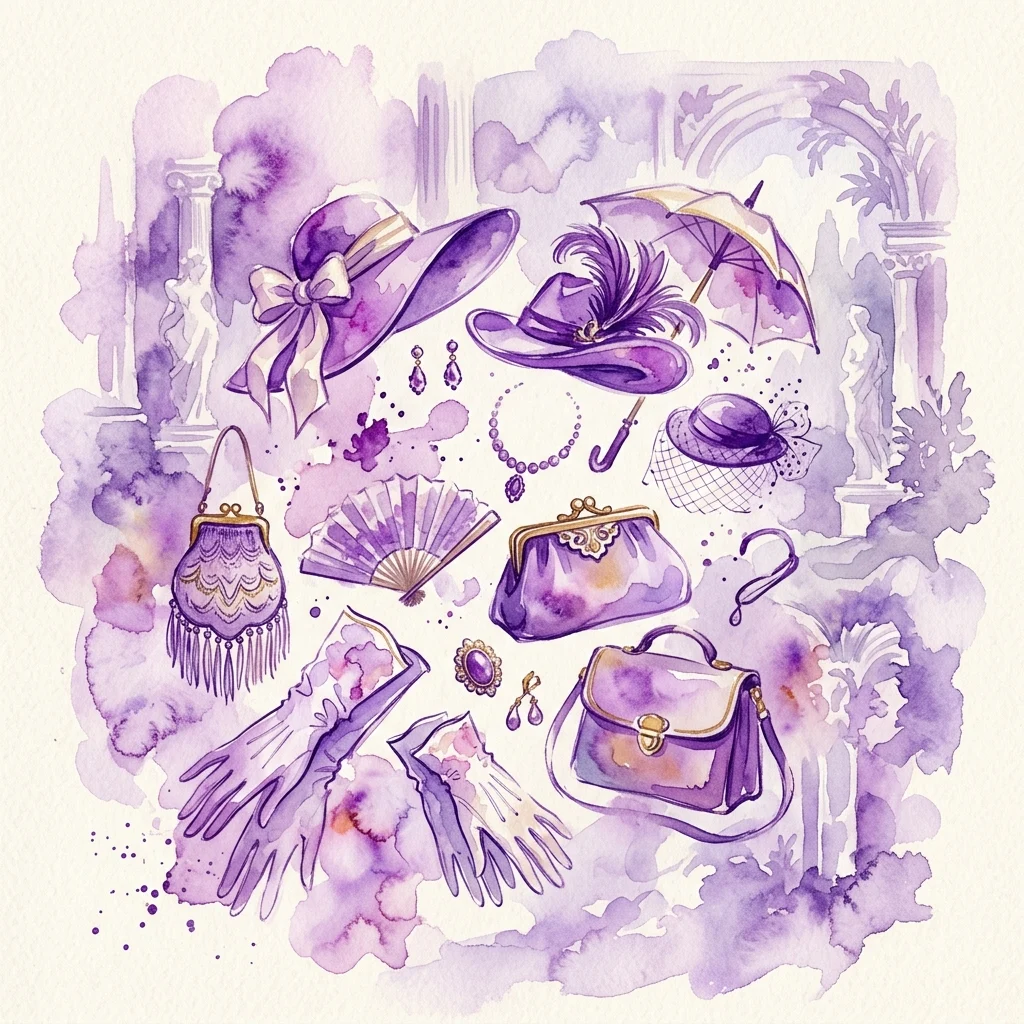 Watercolor illustration of vintage fashion accessories including hats, gloves, handbags, fans, and jewelry in purple hues, set against a classical art backdrop with columns and statues.