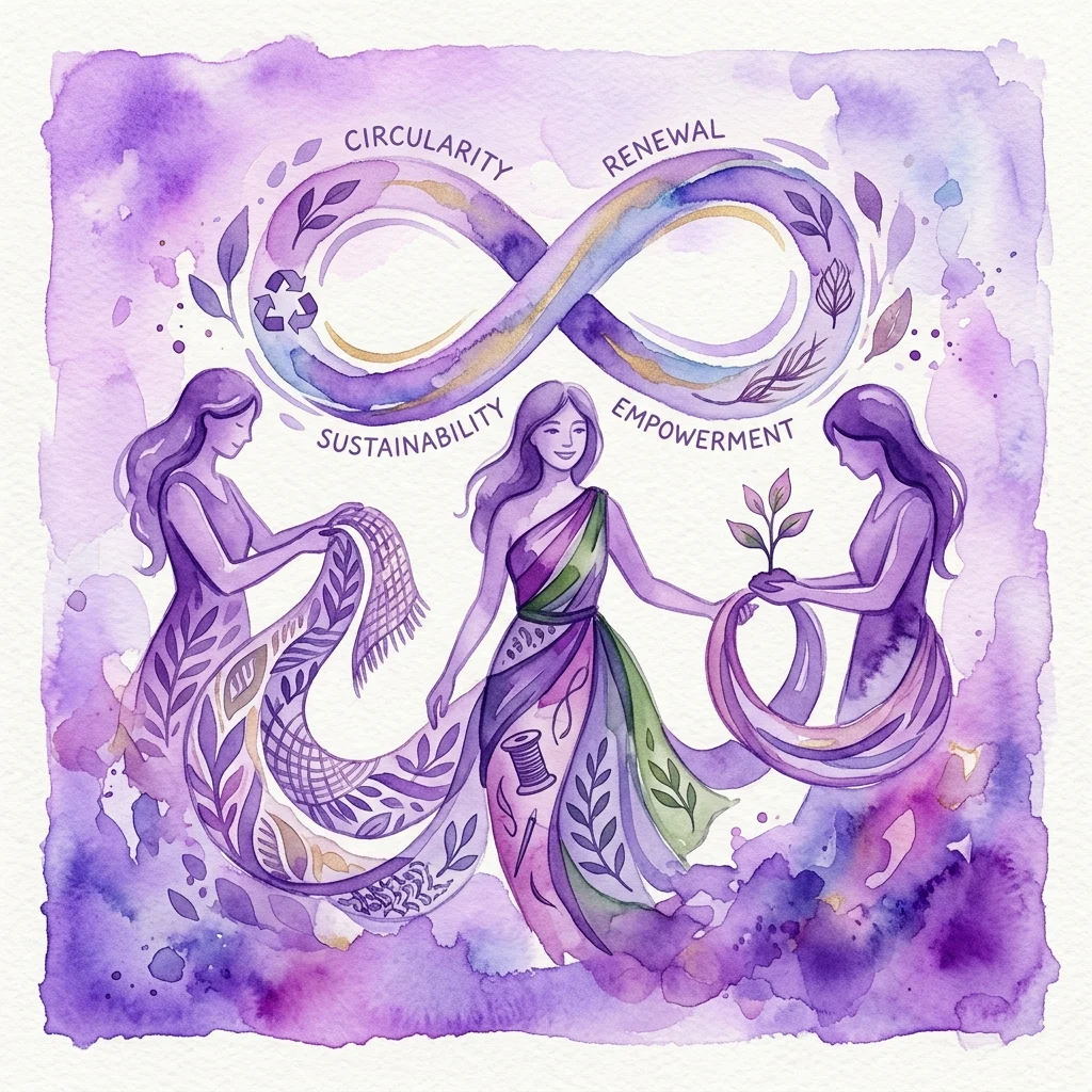 Een aquarelillustratie van drie vrouwen in vloeiende kleding, omringd door een oneindigheidssymbool met de labels 'CIRCULARITY', 'RENEWAL', 'EMPOWERMENT' en 'SUSTAINABILITY', die duurzame mode en vrouwelijk leiderschap vertegenwoordigen.