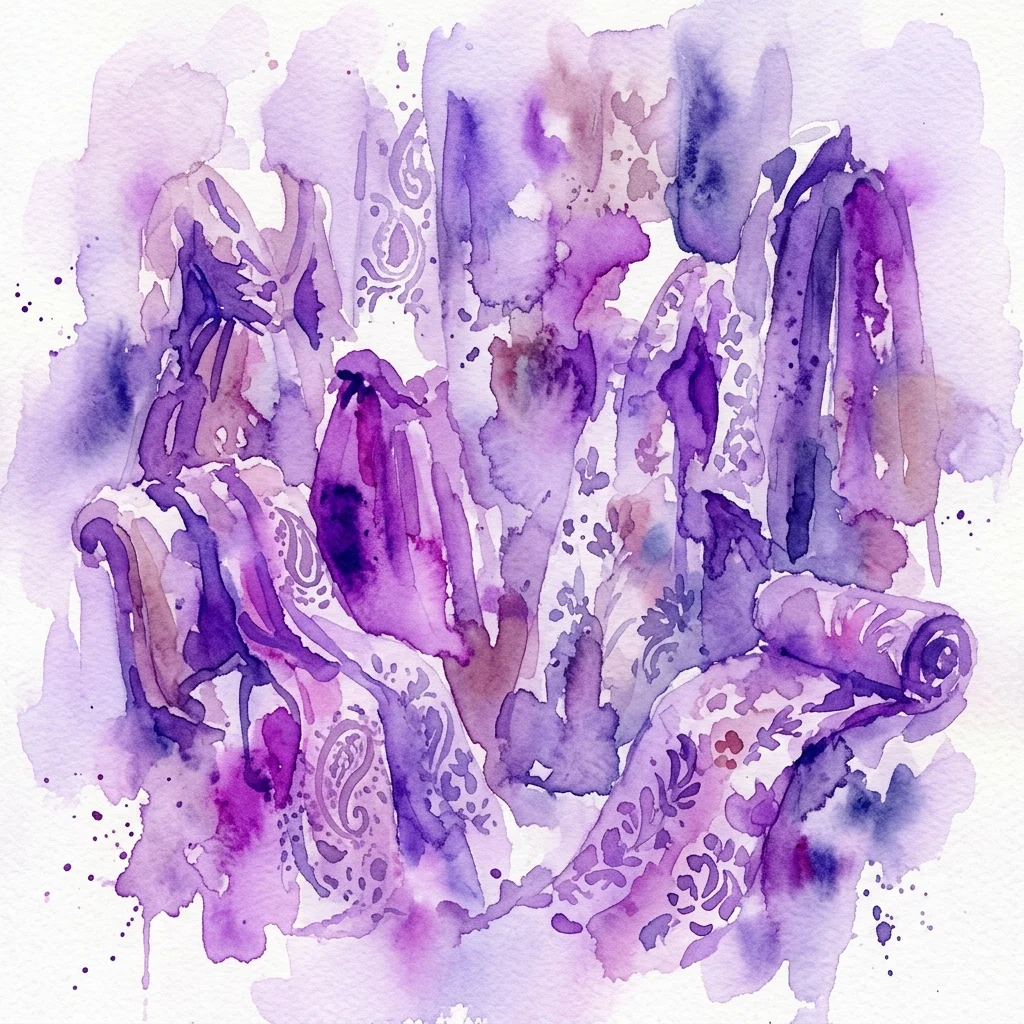 Ilustracja akwarelowa antycznych jedwabnych tkanin ze skomplikowanymi wzorami, w tym odzieży i tkanin obiciowych, w odcieniach fioletu i lawendy, przywołująca historyczną elegancję.