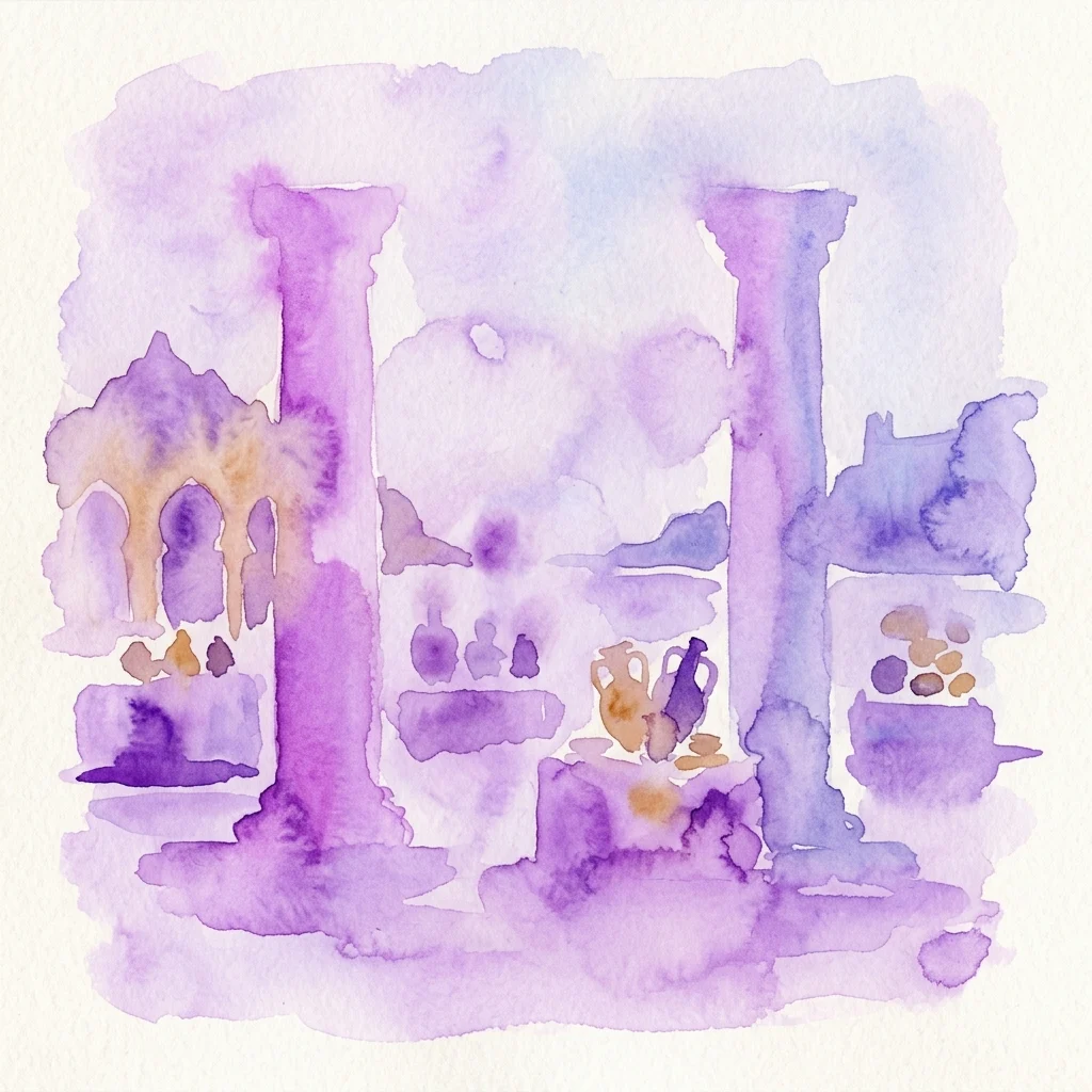 Een aquarelillustratie van oude zuilen en artefacten, die de historische band tussen Marokko en Spanje symboliseert tijdens de tentoonstelling Pilaren van Hercules.