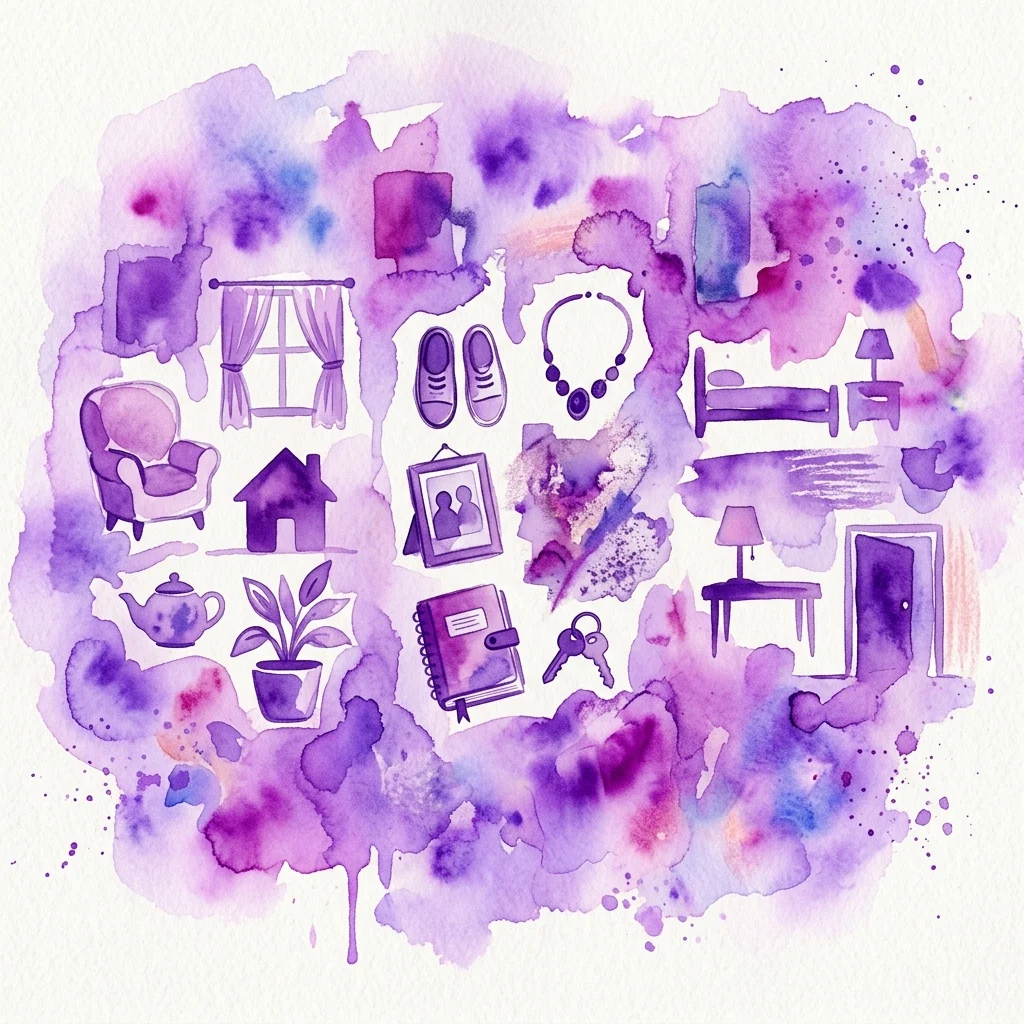 Ilustración en acuarela de objetos domésticos que incluyen una silla, ventana, cama, llaves y marco de fotos, simbolizando espacios y pertenencias personales en un estilo artístico morado y azul.