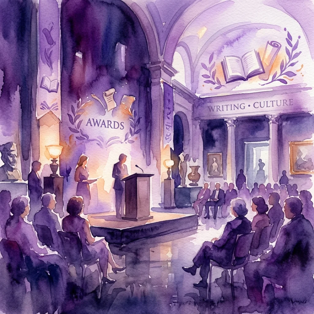 Watercolor illustration of an award ceremony in a museum gallery, featuring a speaker at a podium, audience members, and literary-themed decor with "AWARDS" and "WRITING • CULTURE" signage.