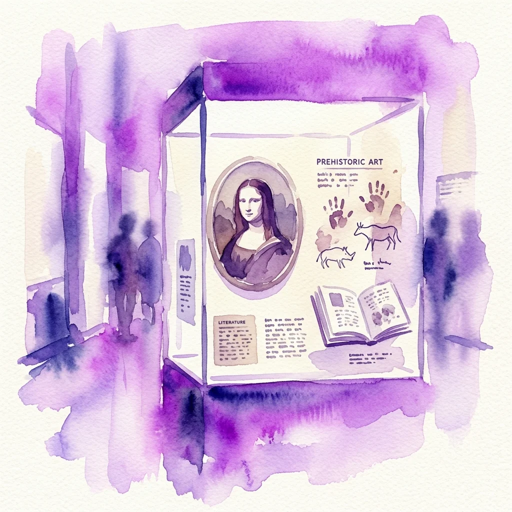 Een aquarelillustratie van een vitrine in Espacio Vínculos, met een portret van een vrouw, prehistorische handafdrukken, dierenillustraties en een literatuursectie, met bezoekers op de achtergrond.