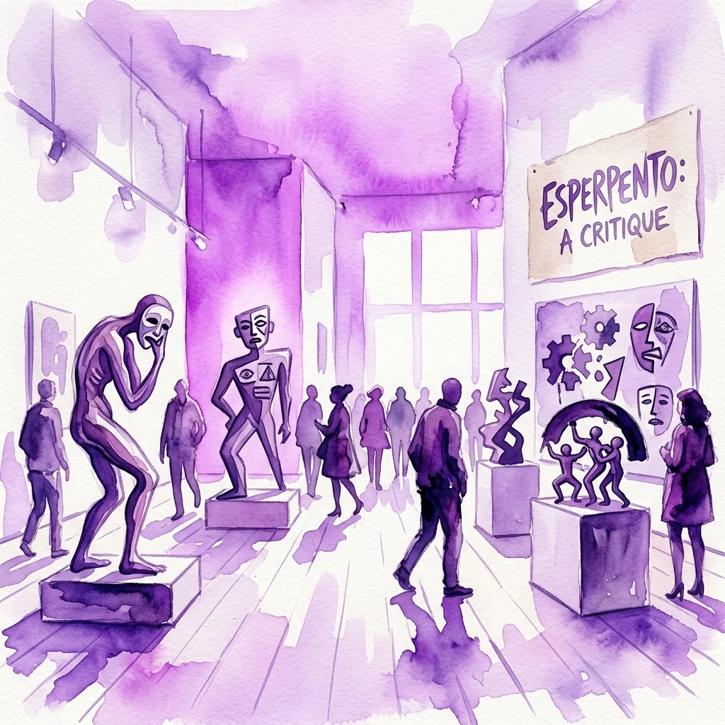 Ilustracja akwarelowa wystawy sztuki „Esperpento: A Critique”, przedstawiająca zniekształcone rzeźby i zwiedzających w galerii w odcieniu fioletu.