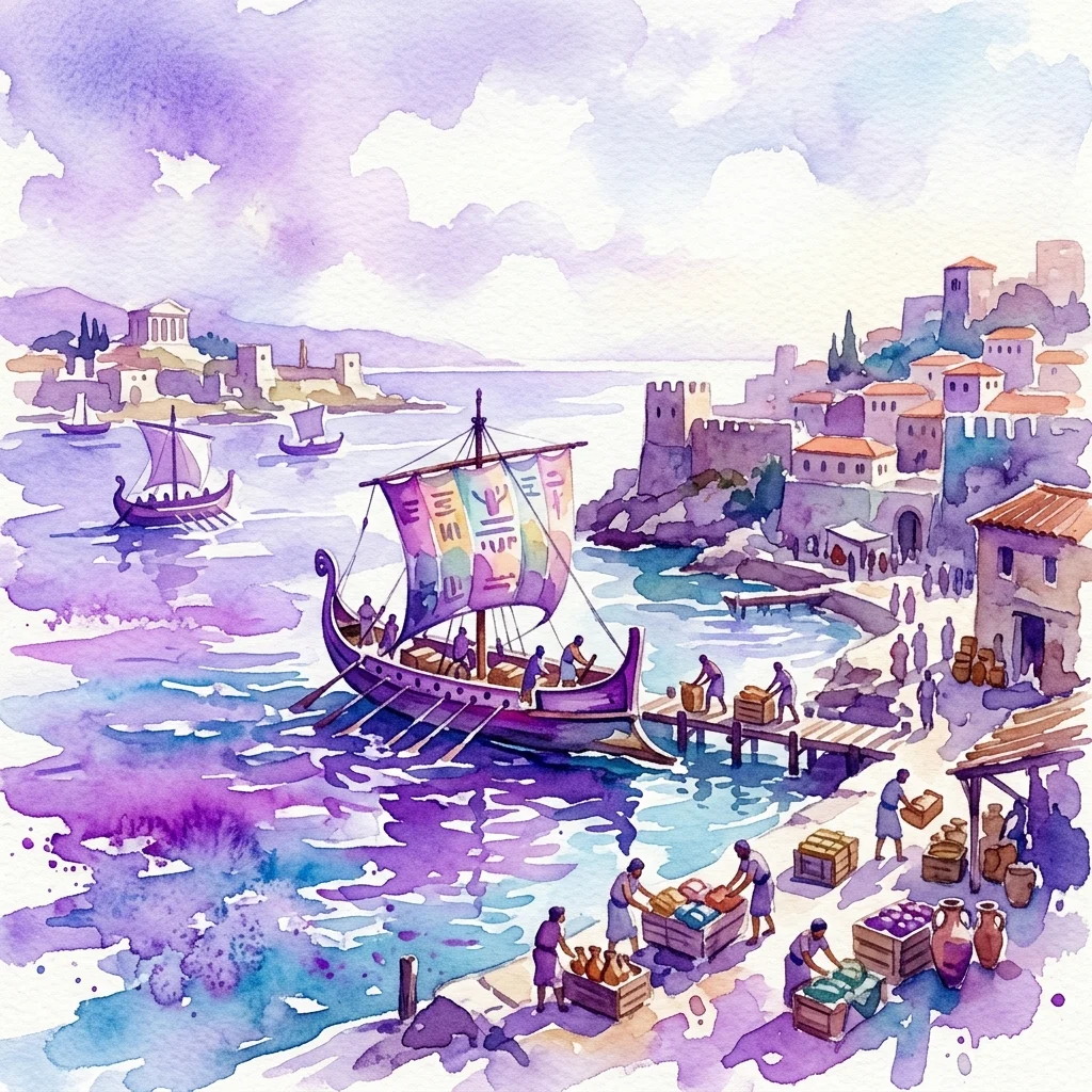 Ilustracja akwarelowa fenickich statków w tętniącym życiem porcie śródziemnomorskim, z ludźmi ładującymi towary i starożytnymi osadami przybrzeżnymi w tle, podkreślająca handel i wymianę kulturalną.