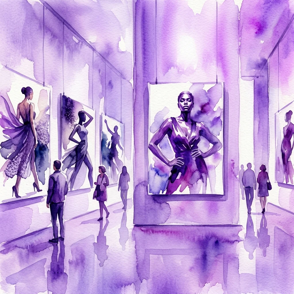 Ilustracja akwarelowa przedstawiająca wystawę w galerii z dużymi zdjęciami modowymi modeli w dynamicznych pozach, a zwiedzający obserwują dzieła sztuki w minimalistycznej przestrzeni w odcieniach fioletu.