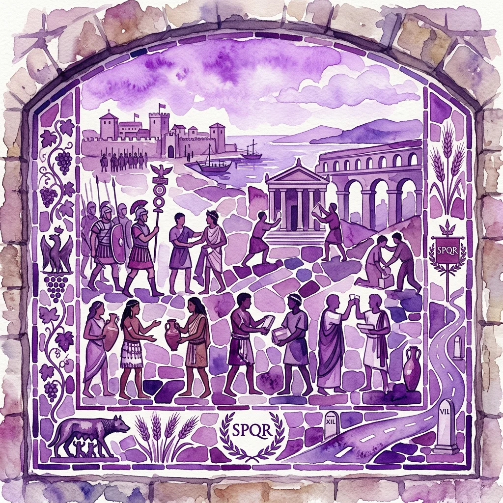 Een paars getint Romeins mozaïek kunstwerk dat scènes van integratie en promotie in het West-Romeinse Rijk uitbeeldt, met soldaten, burgers, architectuur en symbolen zoals SPQR en de Capitolijnse Wolf.