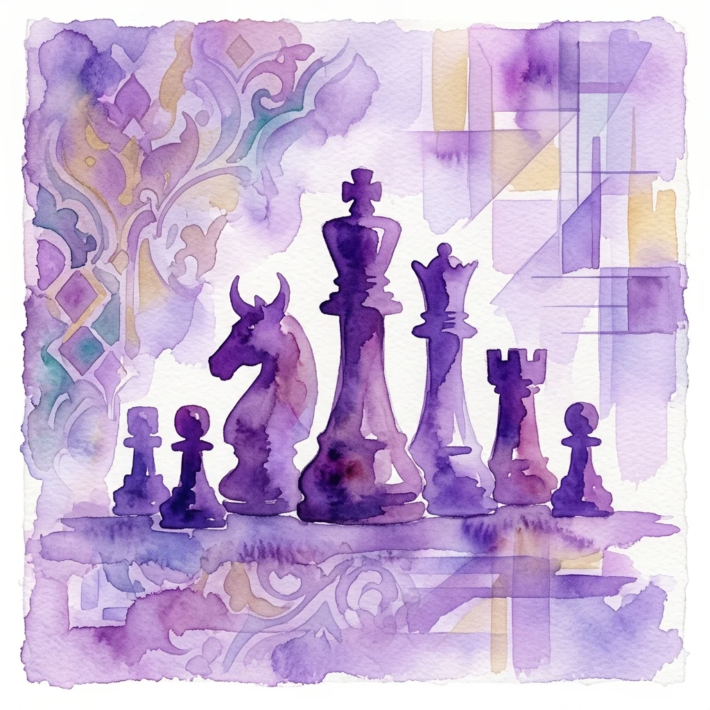 Ilustracja akwarelowa figur szachowych w fioletowych odcieniach, łącząca starożytne perskie wzory z modernistyczną abstrakcją, reprezentująca ewolucję artystyczną szachów na wystawie „Formas dormidas”