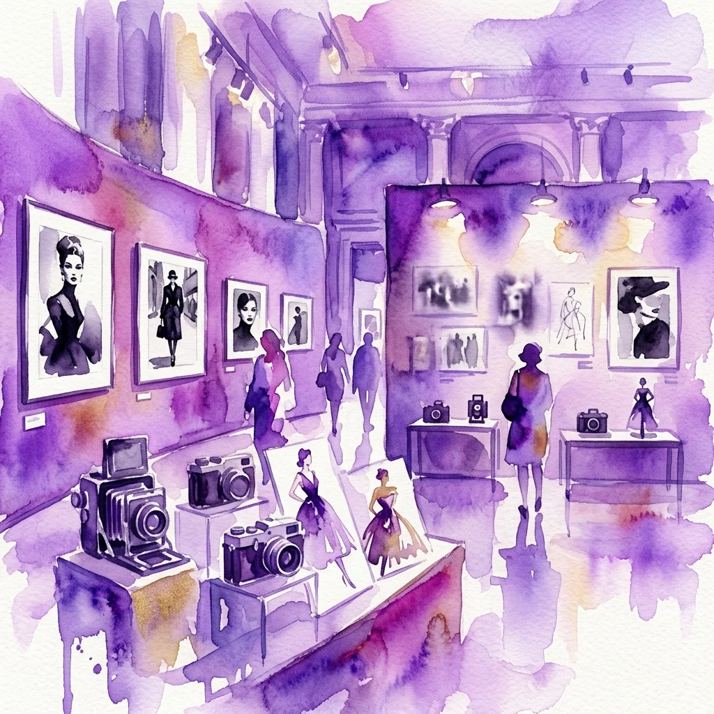 Watercolor illustration of a museum exhibition on fashion and photography, featuring vintage cameras, framed black and white photos, and fashion illustrations on display.