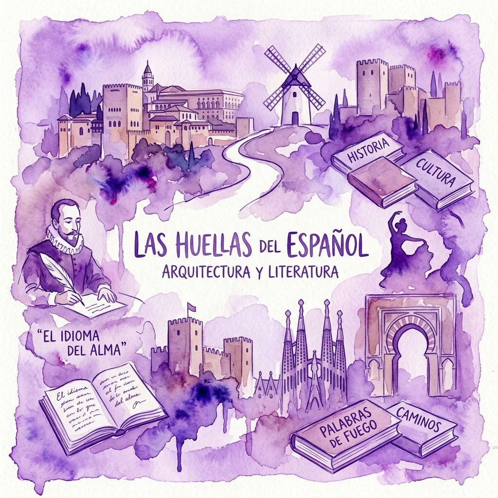 Ilustracja akwarelowa hiszpańskich zabytków kultury i motywów literackich, przedstawiająca pisarza, wiatrak, zamki, Sagrada Familia oraz książki z tytułami takimi jak 'Historia', 'Cultura' i 'Palabras de Fuego', pod tytułem 'Las Huellas del Español: Arquitectura y Literatura'.