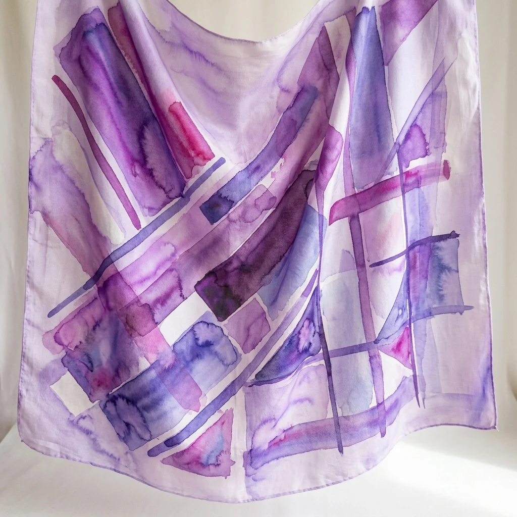  Abstrakcyjne geometryczne wzory w fioletowo-różowej akwareli na zwiewnej jedwabnej chuście, część wystawy „Geometrías: Sedas Pintadas” Kima Guitart.