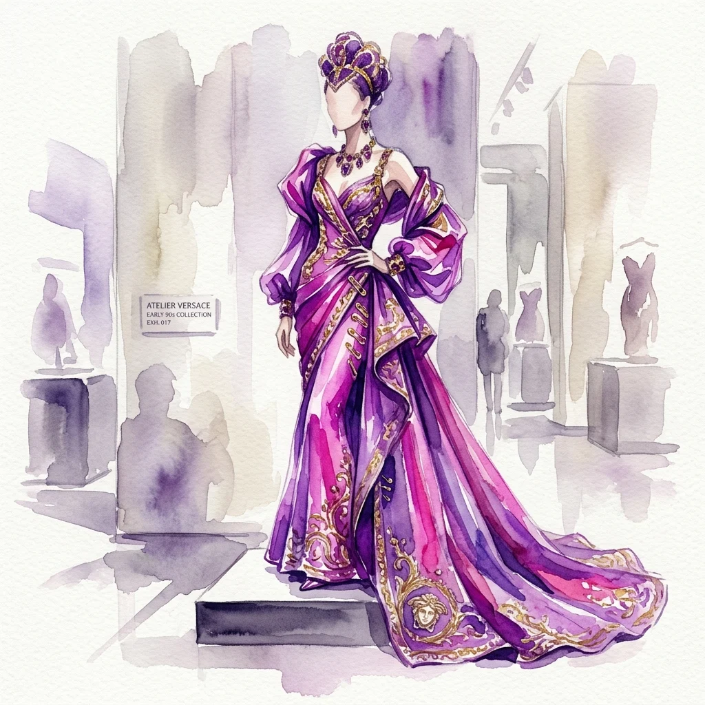 Ilustracja akwarelowa fioletowo-złotej sukni Atelier Versace z kolekcji z początku lat 90. XX wieku, prezentowana w muzealnej scenerii z manekinami i tablicami wystawowymi.