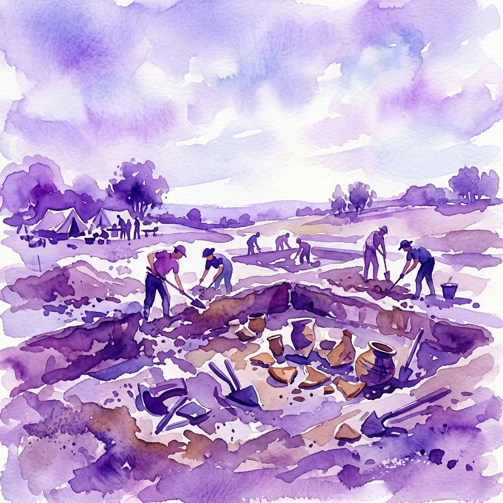 Ilustración en acuarela de un sitio de excavación arqueológica con investigadores descubriendo fragmentos de cerámica antigua y herramientas bajo un cielo brillante.