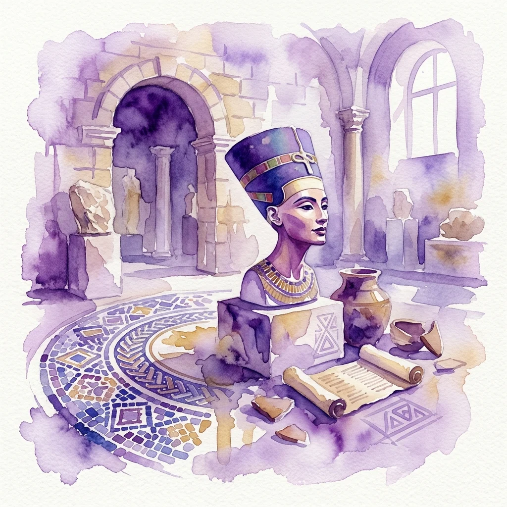 Watercolor illustration of an ancient Egyptian bust of Nefertiti in a museum setting with Roman mosaics, scrolls, and artifacts, evoking archaeological discovery.