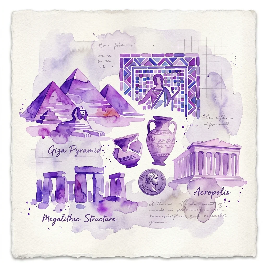 Ilustracja akwarelowa starożytnych stanowisk archeologicznych i artefaktów, w tym piramidy w Gizie, Sfinksa, rzymskiej mozaiki, amfory, Akropolu, Stonehenge i rzymskiej monety, przedstawiona w stylu kolażu.