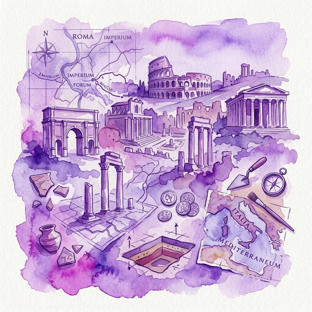 Ilustración en acuarela de sitios arqueológicos romanos, incluyendo el Coliseo, el Foro y ruinas antiguas, con mapas, monedas y herramientas de excavación, promocionando la serie de conferencias Grandes Descubrimientos en Arqueología IV.