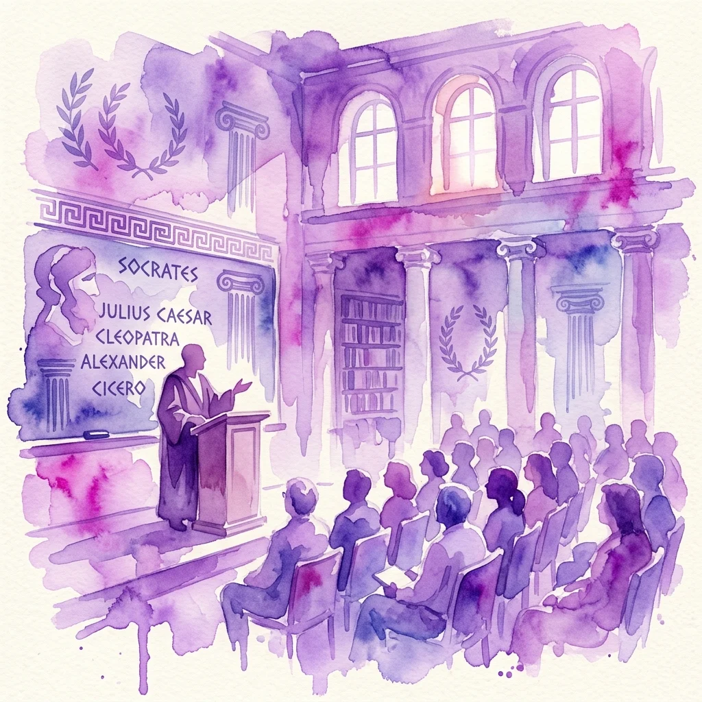 Watercolor illustration of a lecture hall with a speaker at a podium, audience seated, and a screen listing ancient figures like Socrates, Julius Caesar, Cleopatra, Alexander, and Cicero, set in a classical academic setting with columns and laurel wreaths.