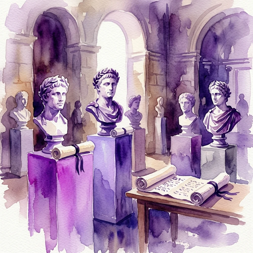 A watercolor illustration of ancient Roman busts and scrolls on pedestals in a museum gallery, evoking historical narratives of figures from antiquity.