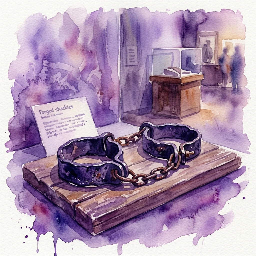 A pair of forged shackles from the galleon Nuestra Señora de Atocha, displayed on a wooden platform in a museum exhibit with a descriptive plaque.