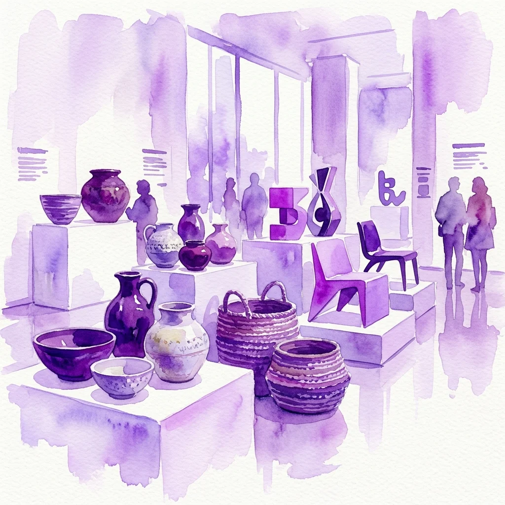 Waterverfillustratie van een museumgalerij met traditioneel aardewerk, manden en hedendaagse designobjecten, die de kruising van ambacht en design belicht in de tentoonstelling 'Hacer Diseñar Pensar'.
