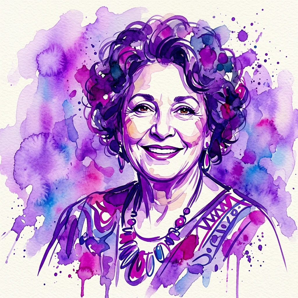Żywy portret akwarelowy artystki Huguette Caland, charakteryzujący się odważnymi fioletowymi i niebieskimi barwami, ekspresyjnymi pociągnięciami pędzla i radosnym wyrazem, odzwierciedlający jej artystyczne dziedzictwo.