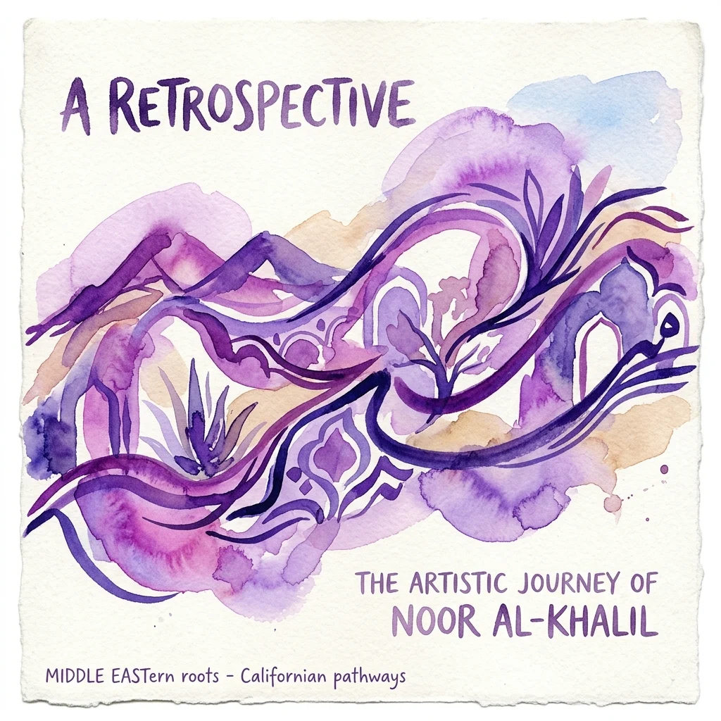 Okładka katalogu retrospektywnego zatytułowanego 'A Retrospective: The Artistic Journey of Noor Al-Khalil', wykonana techniką akwareli, przedstawiająca abstrakcyjne formy organiczne w odcieniach fioletu i błękitu, z tekstem podkreślającym bliskowschodnie korzenie i kalifornijskie ścieżki.