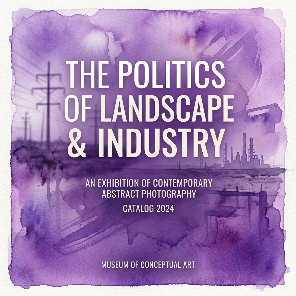 Okładka katalogu z 2024 roku wystawy 'The Politics of Landscape & Industry', prezentującej współczesną fotografię abstrakcyjną w Museum of Conceptual Art, z fioletowym tłem akwarelowym i sylwetkami przemysłowymi.