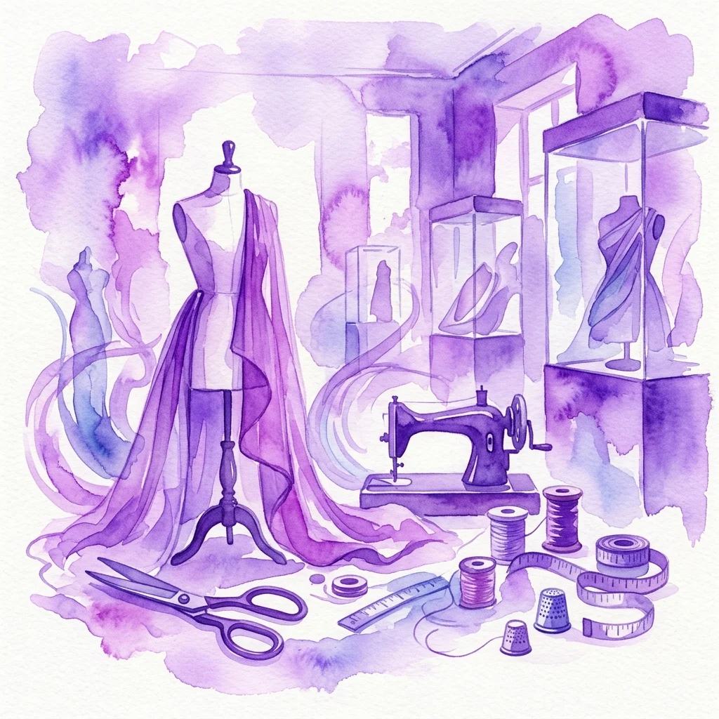 Watercolor illustration of tailoring tools including a mannequin, sewing machine, scissors, thread spools, and measuring tape, representing the II International Congress of Tailoring.