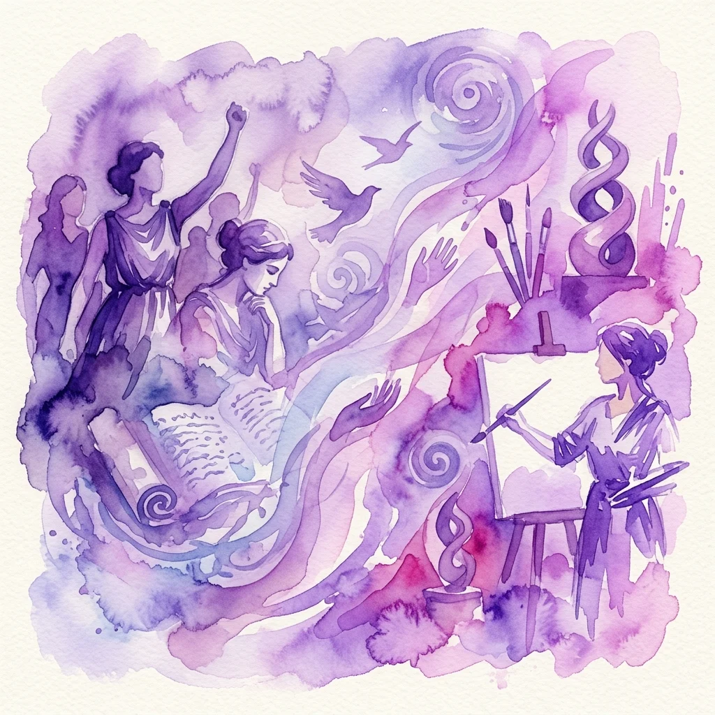 Een paarse aquarelillustratie met vrouwen in klassieke en moderne kledij, waarbij er één een vuist balt, een ander een perkament leest en een derde schildert, wat vrouwelijke empowerment en artistieke expressie door de geschiedenis heen symboliseert.