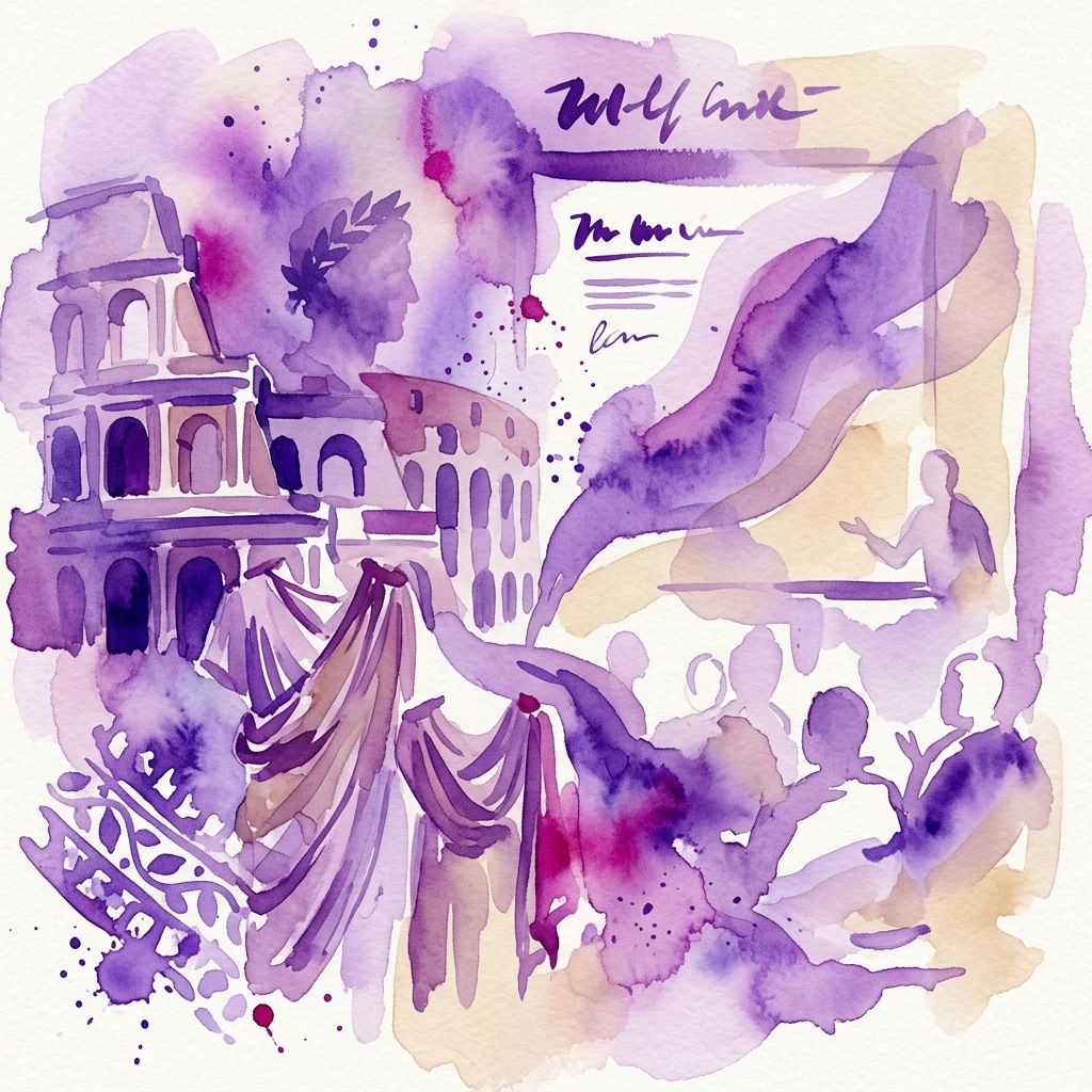 Watercolor illustration of Roman architecture, togas, and a lecture scene, representing the III Jornadas de Historia, Arte y Diseño de Moda: Roma y la moda academic event.