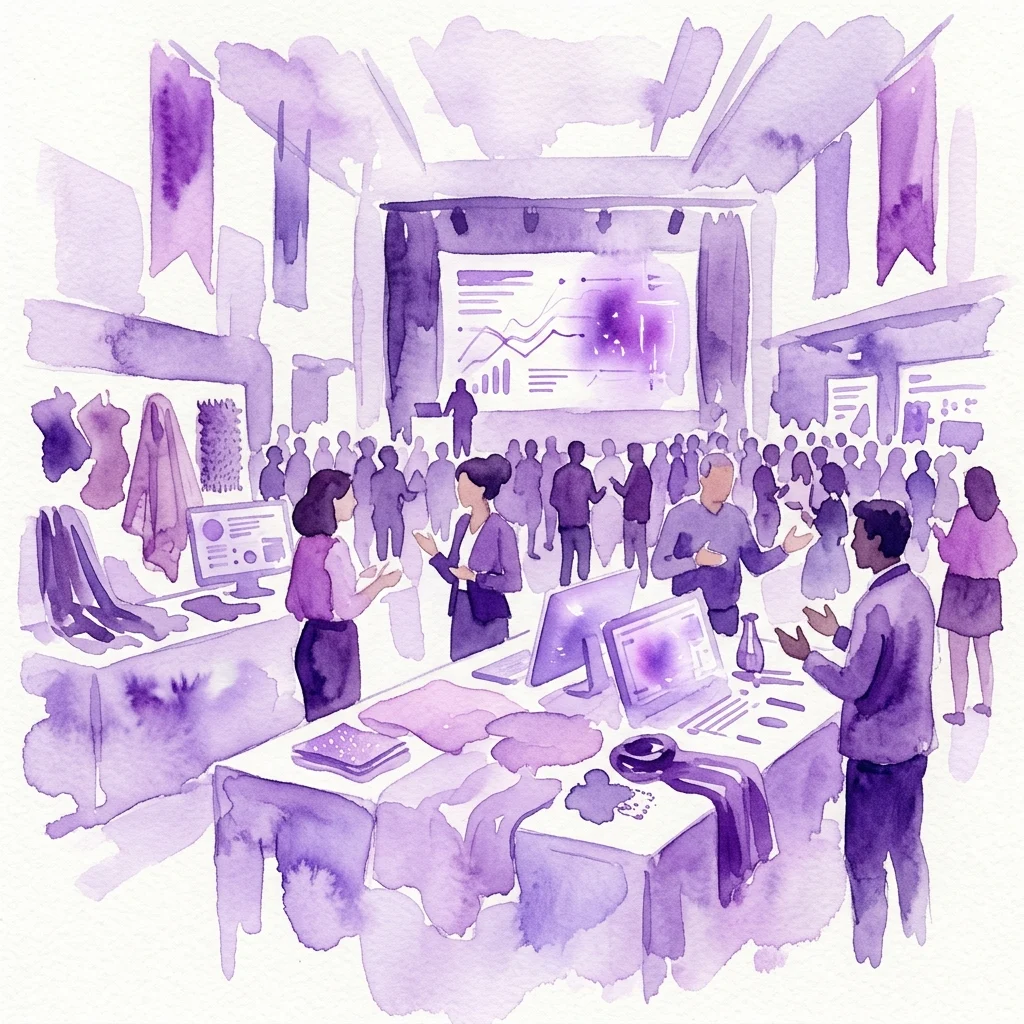Una ilustración en acuarela de un congreso contemporáneo de tecnología de la moda, que muestra a los asistentes discutiendo en mesas con pantallas digitales y muestras de tela, bajo un escenario con una pantalla de presentación.