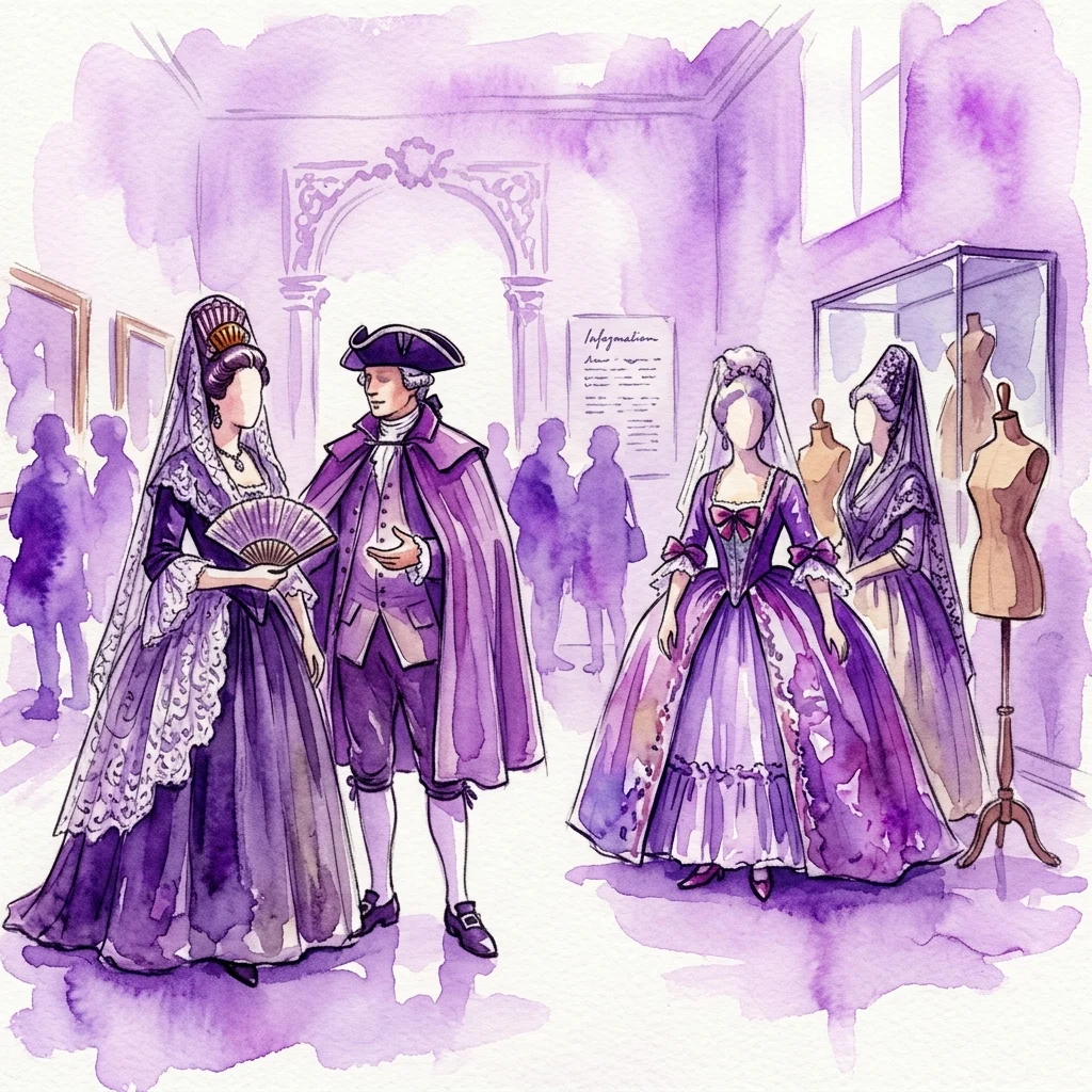 Ilustracja akwarelowa hiszpańskiej mody z XVIII wieku, przedstawiająca postacie w strojach z epoki, w tym mantyle, peleryny i wytworne suknie, umieszczona w galerii muzealnej z manekinami i oznaczeniami informacyjnymi.