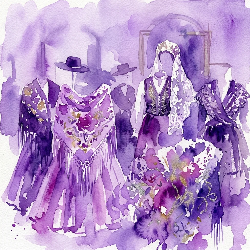 Ilustración en acuarela de trajes tradicionales españoles, incluyendo vestidos bordados, mantones, sombreros y velos, expuestos en una exhibición de museo.