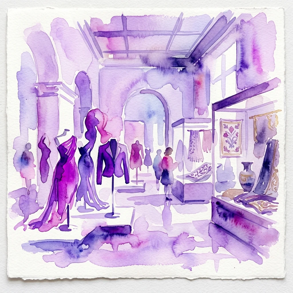 Watercolor illustration of a museum exhibition space featuring mannequins with contemporary fashion pieces and historical textiles, evoking a dialogue between tradition and modernity.