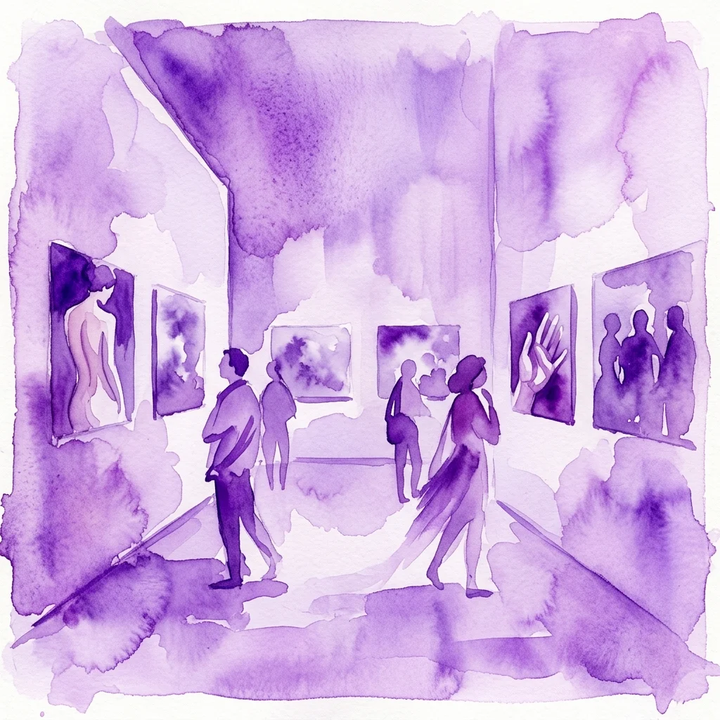 Ilustración en acuarela de visitantes contemplando fotografías en una galería, que representa la exposición 'Isabel Muñoz. Antropología de los sentidos' con obras de arte en tonos púrpuras y figuras silueteadas.