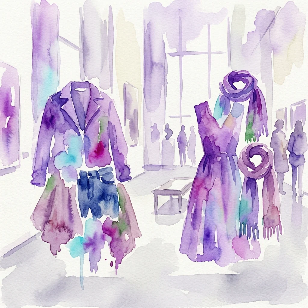 Ilustracja akwarelowa odzieży z zakresu mody zrównoważonej, w tym kurtki i sukienki z materiałów pochodzących z recyklingu, prezentowana w galerii muzealnej.